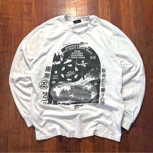 Stüssy 2018 Black Wave Surfer Surf Skate Longsleeve White Graphic Shirt S